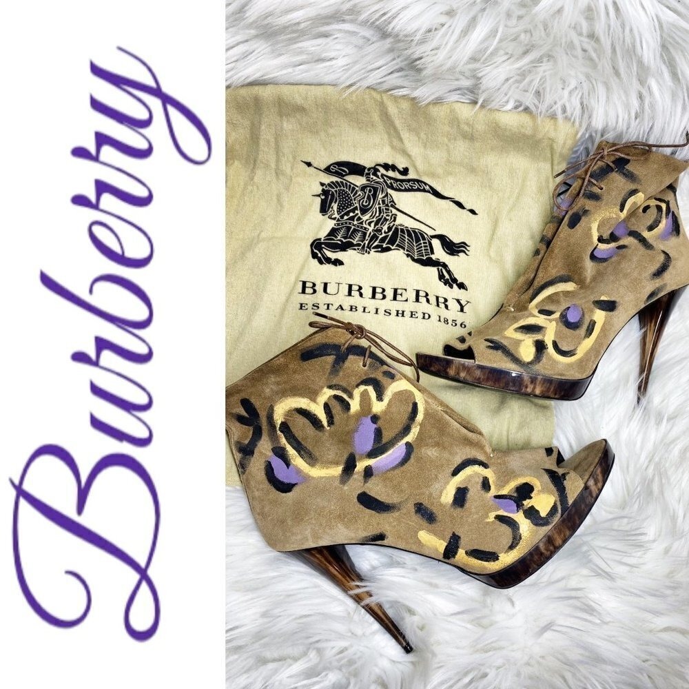 BURBERRY Suede Floral Hand Painted Peep‎ Toe Stiletto Platform Ankle Bootie, 10